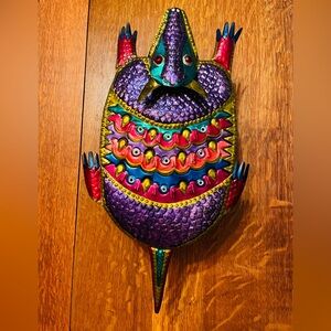 Vintage Mexican Folk Art Punched Tin Armadillo Candle Holder